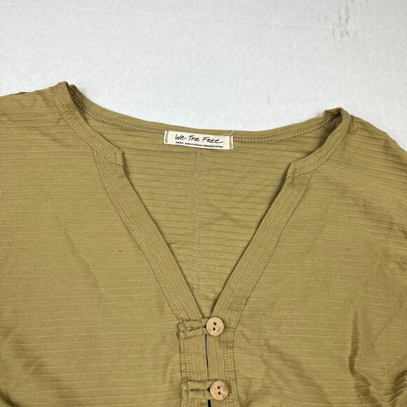 We The Free People Cropped Shirt Green Henley Long Sleeve Ruffled Boho Top SMALL - Picture 3 of 10